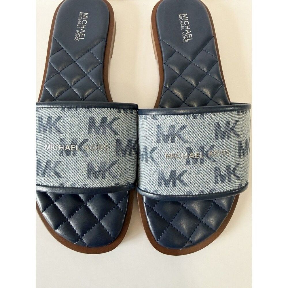 Michael Kors MK Logo Slide Sandals Blue Gray Women’s Size 7 Quilted - Picture 4 of 9
